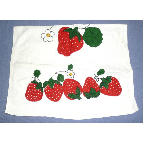 VTG Cotton Kitchen Tea Dish Towel ~Strawberry & Daisy Flower Design Retro Summer - Picture 2 of 2